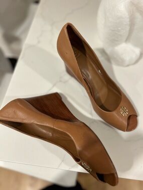 Tory Burch Cognac Leather Peep-Toe Wedge Pumps